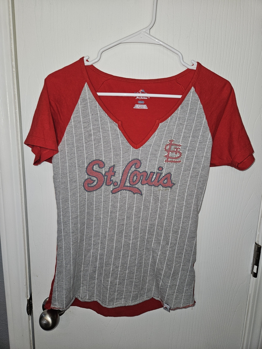 Majestic St. Louis Gray and Red Pinstripe Raglan Tee